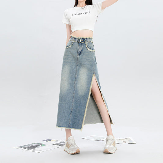 Slit Burrs Denim Skirt