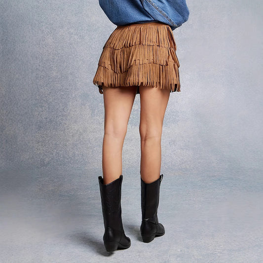 Imitation Suede Tassel Layered Short Skirt